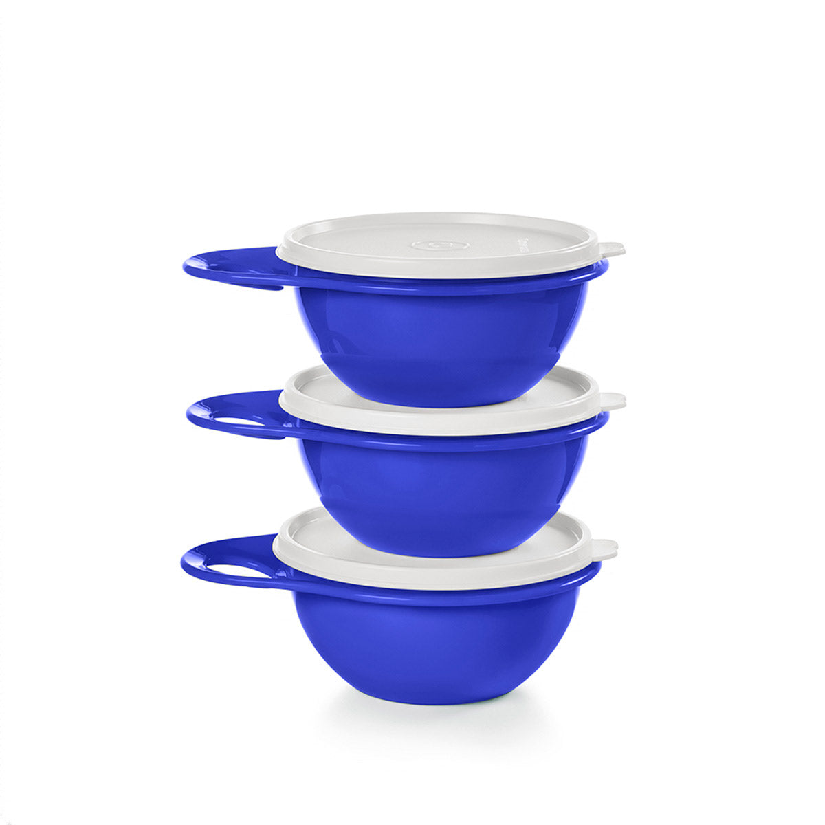 Set of four blue nesting bowls with white lids on a white background