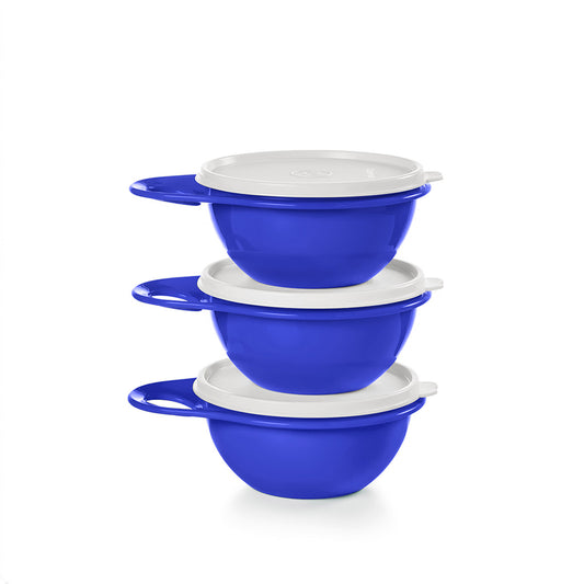 Set of four blue nesting bowls with white lids on a white background