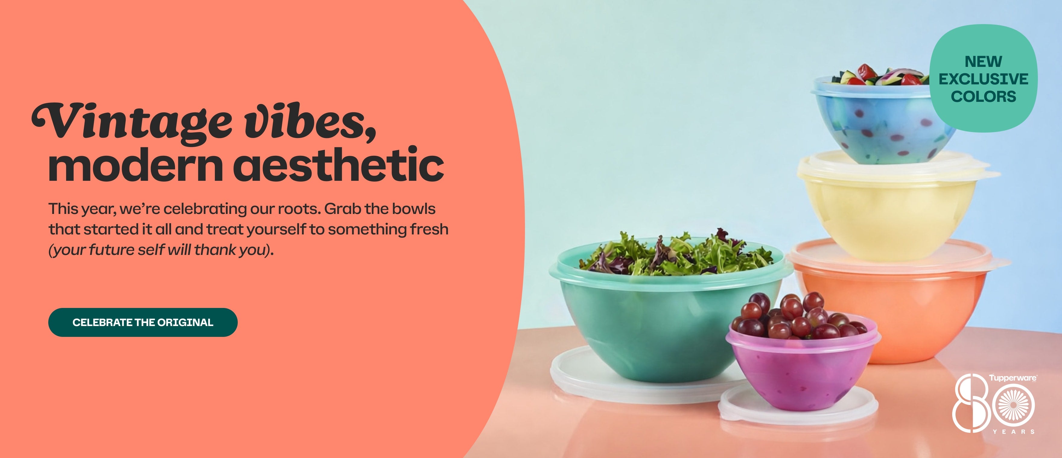 Colorful Wonderlier bowls stacked on a table with promotional text about vintage vibes and modern aesthetic. [CTA] Celebrate The Original.