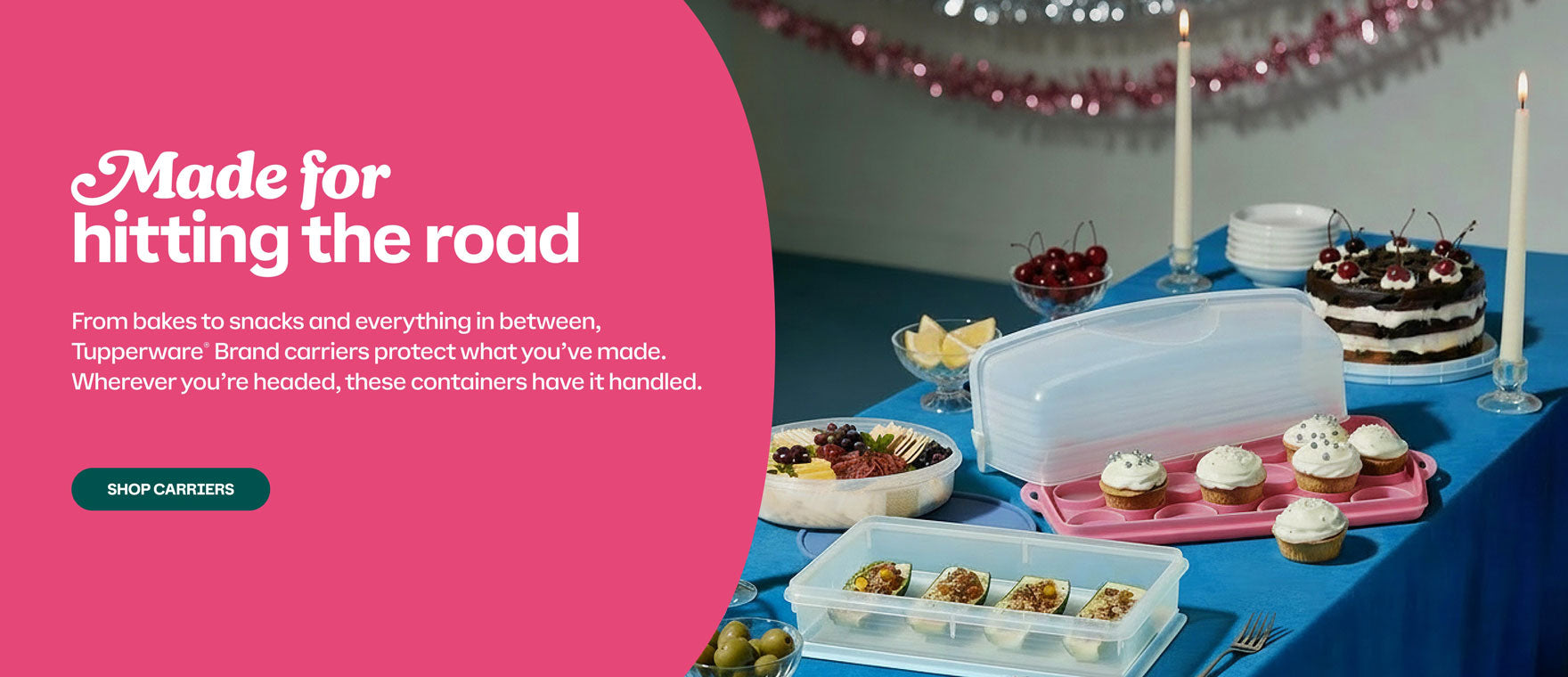 Table with Tupperware food containers  on a blue tablecloth, with promotional text about Tupperware products. Shop carriers CTA.