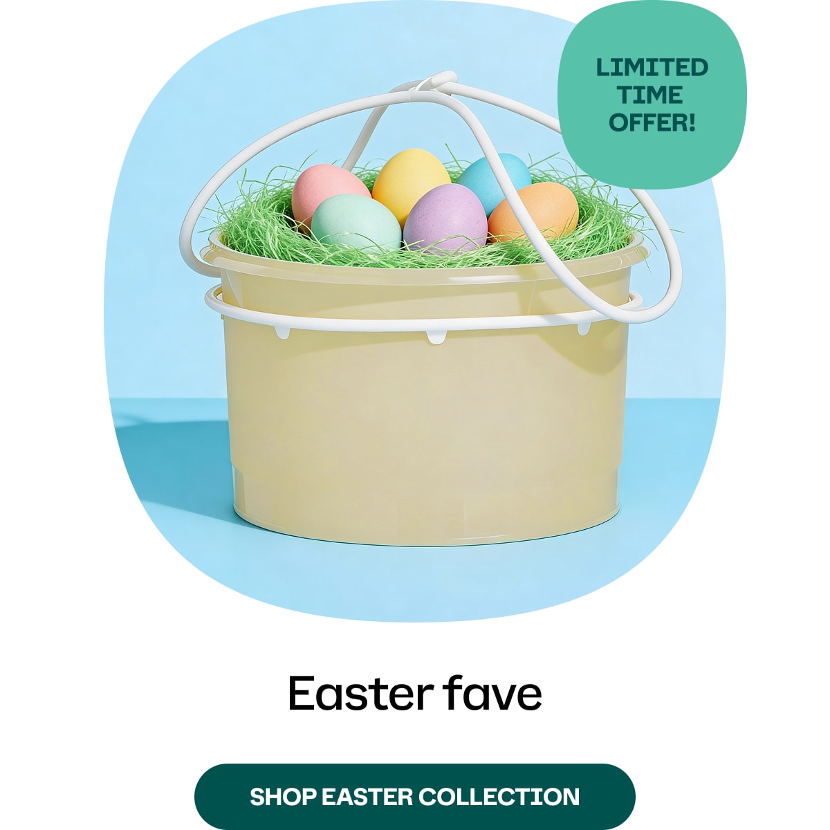 Tupperware Easter basket with colorful eggs on a light blue background, featuring a 'Limited Time Offer' label. Shop Easter Collection.