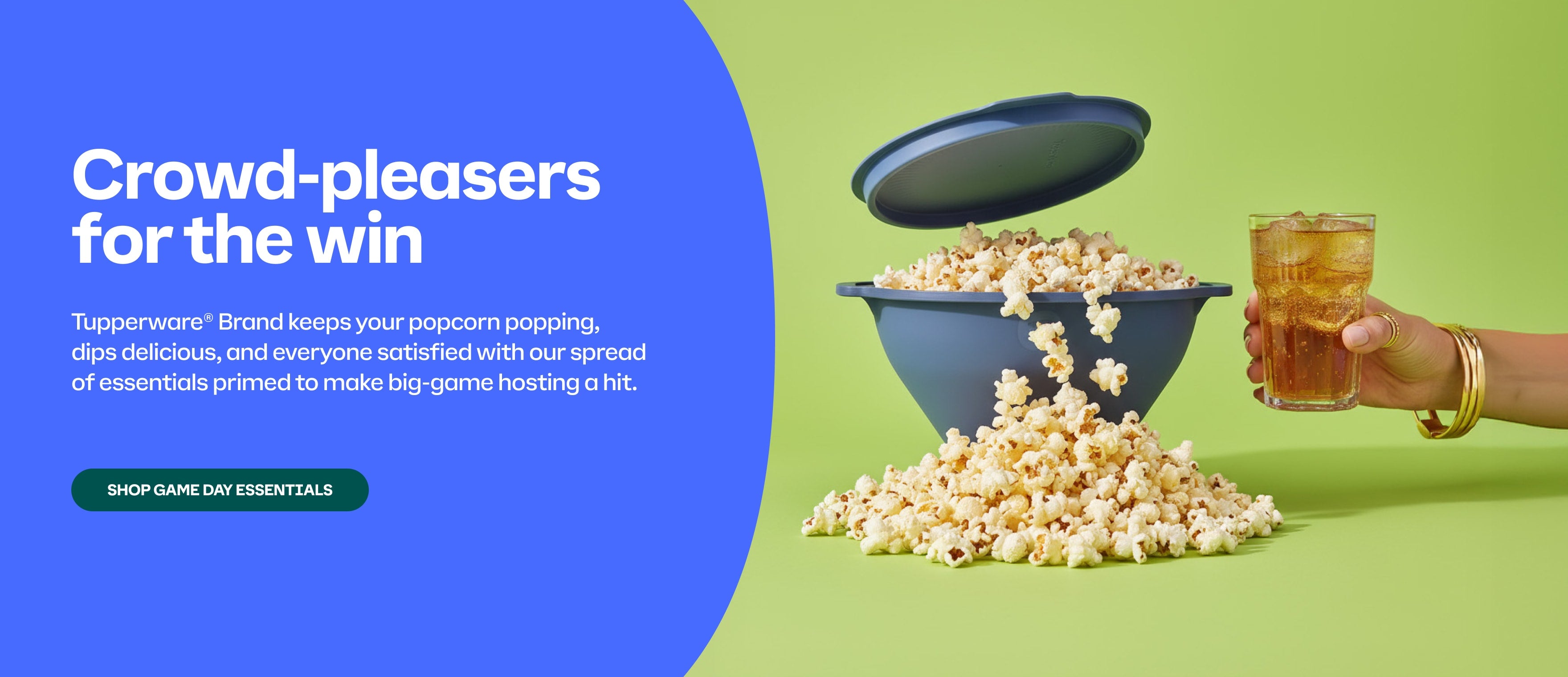 Tupperware Wow Pop popcorn maker with popcorn and a drink on a green background, promoting 'Tupperware' brand. CTA shop game day essentials.