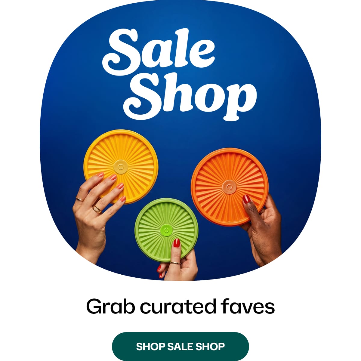 Colorful lids held by hands with 'Sale Shop' text and call to action on a blue background