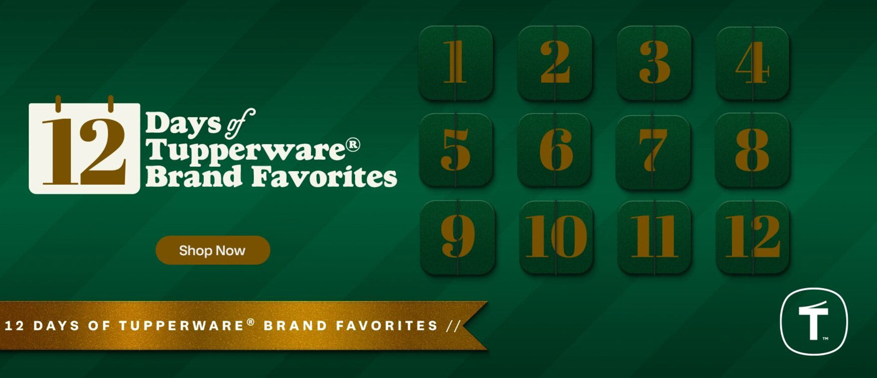 Promotional graphic for '12 Days of Tupperware Brand Favorites' with numbered countdown on a green background. Click to Shop Now.