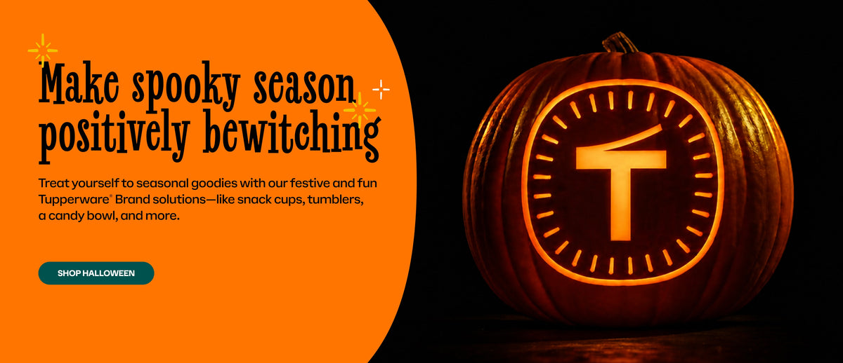 Spooky pumpkin with Big T Tupperware logo. Shop Halloween call to action.