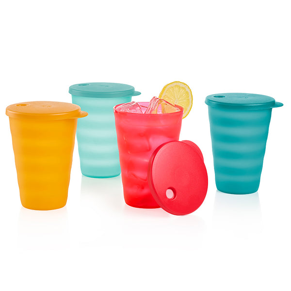 Tupperware Brand Impressions 16 oz Tumblers - Set of 4 - Dishwasher Safe &  BPA Free - Mess-Free Reusable Plastic Cups with Lids