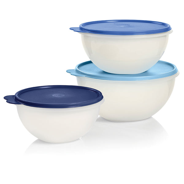 Tupperware Big Wonder Bowls Large Clear 3-cup Set of 4 w/Tokyo Blue Seals